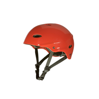 Red helmet with black straps on a white background